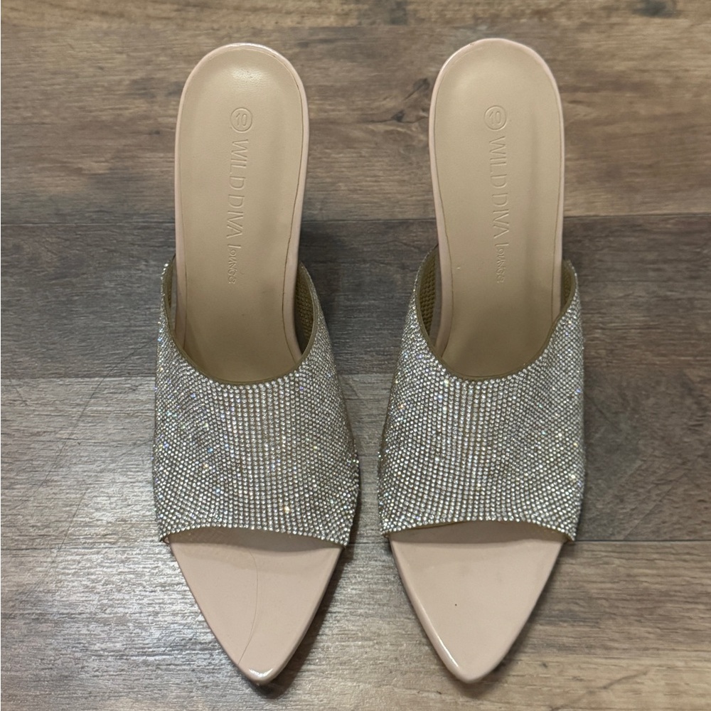 Rhinestone Nude Mule Heels Stilettos